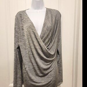 ROBBI & NIKKI Black Grey Lustrous Draped Wrap Blouse Long Sleeve XL